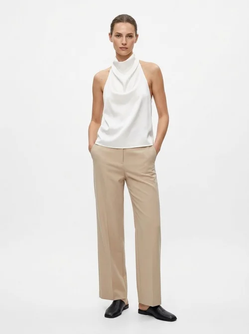 Women's White Satin Halter Top with Cowl Neck