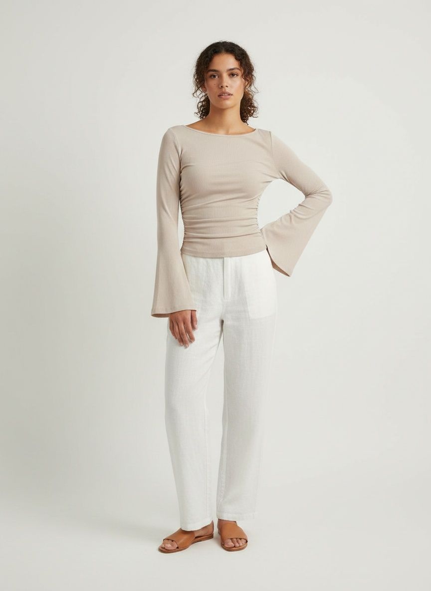 Crop top beige côtelé à fronces et manches cloche