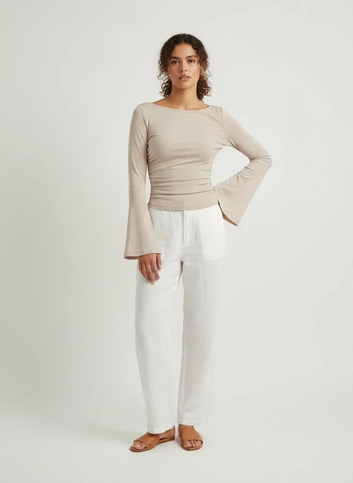 Crop top beige côtelé à fronces et manches cloche