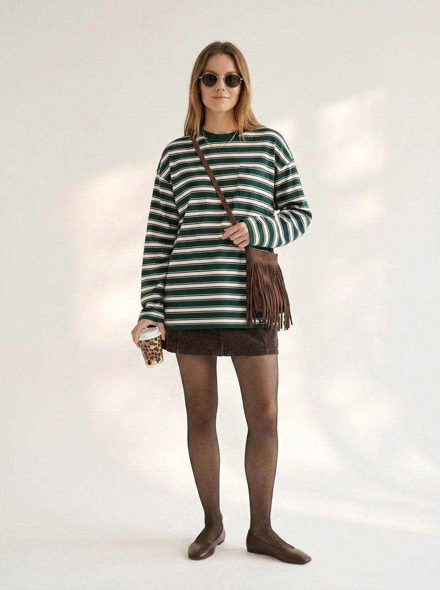 T-shirt oversize à rayures vertes et blanches à manches longues