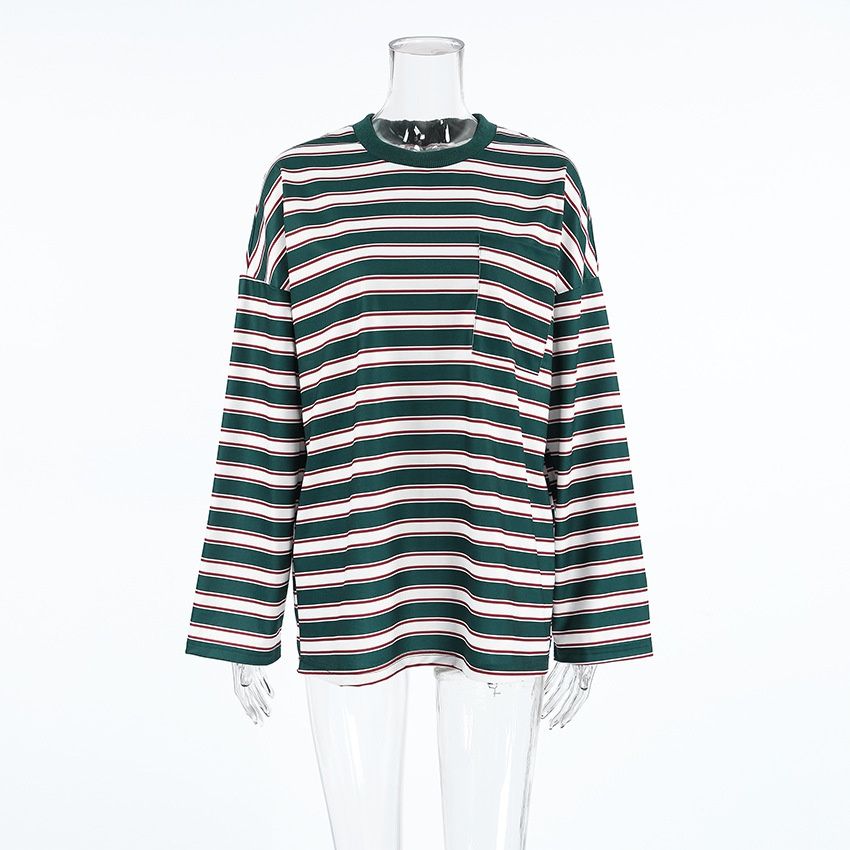 Camiseta de manga larga a rayas verdes y blancas de talla grande