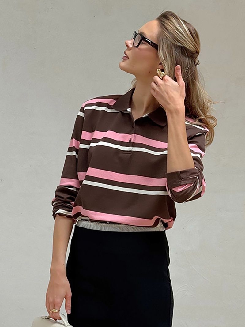 Polo de manga larga a rayas - Marrón y rosa