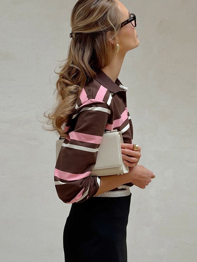 Polo de manga larga a rayas - Marrón y rosa