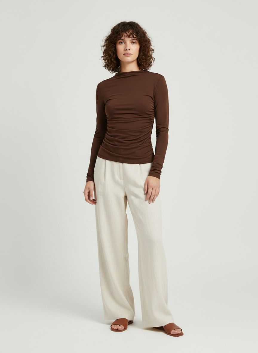 Haut à manches longues froncé marron chocolat