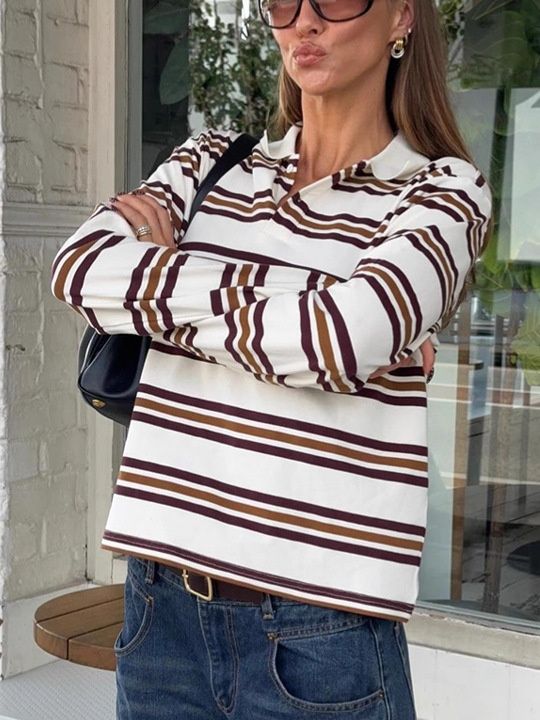 Polo de rugby de manga larga a rayas estilo retro para mujer