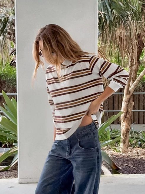 Polo de rugby de manga larga a rayas estilo retro para mujer