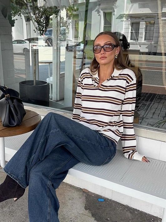 Polo de rugby de manga larga a rayas estilo retro para mujer