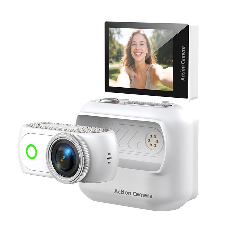 Mini 4K Action Camera with Flip Screen, Magnetic Mount, Up to 3 Hours Recording with Expansion Base