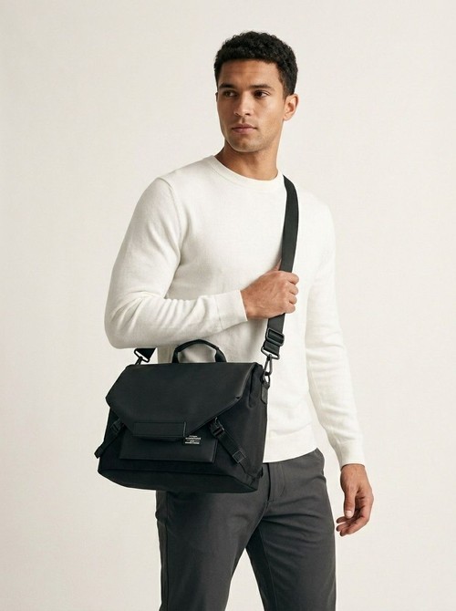 Men's Modern Matte Black Messenger Bag - Laptop Briefcase