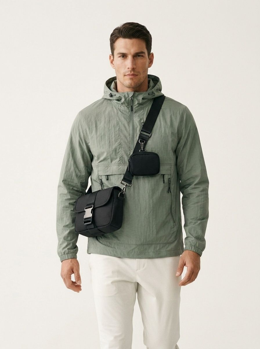 Men's Matte Black Crossbody Bag with Buckle & Pouch