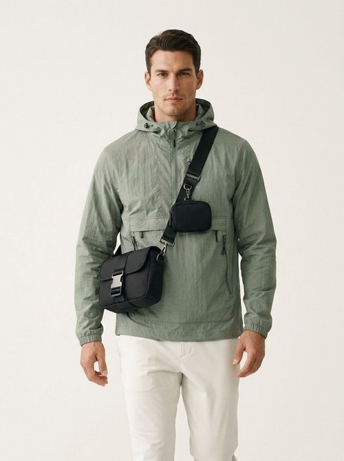 Men's Matte Black Crossbody Bag with Buckle & Pouch