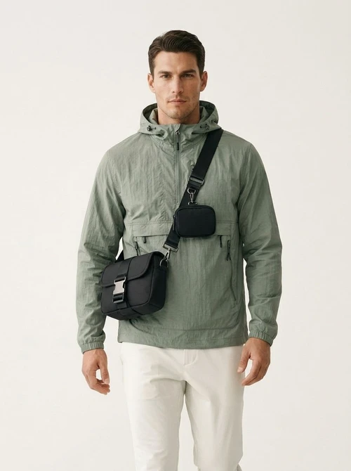 Men's Matte Black Crossbody Bag with Buckle & Pouch