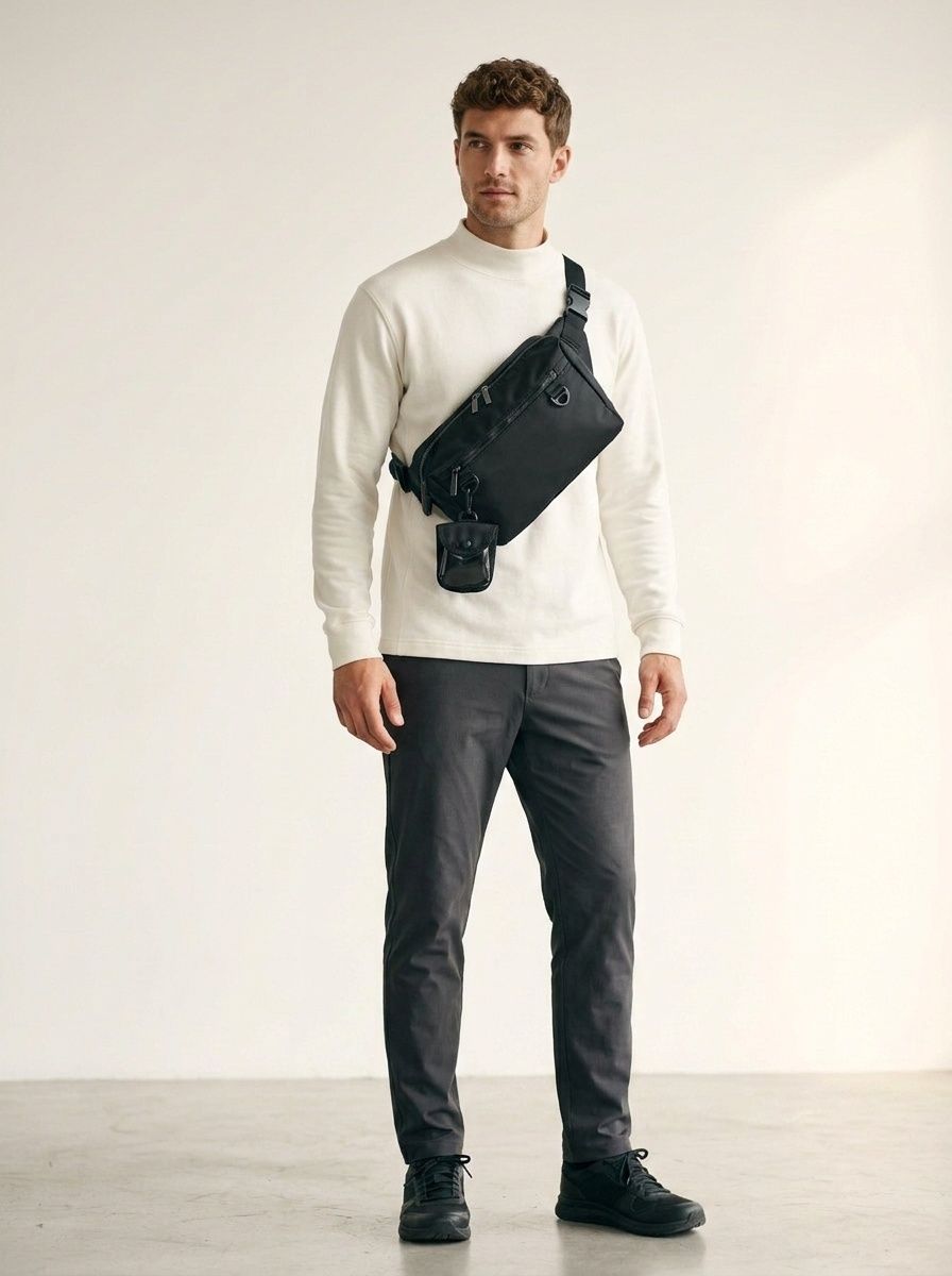 Men's Black Nylon Crossbody Bag with Detachable Pouch