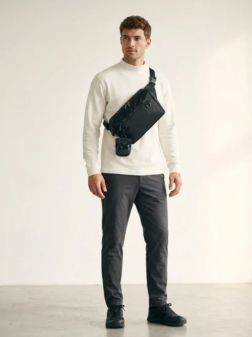 Men's Black Nylon Crossbody Bag with Detachable Pouch