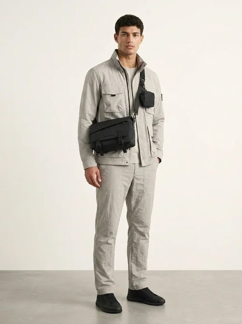 Men's Black Crossbody Messenger Bag with Detachable Pouch