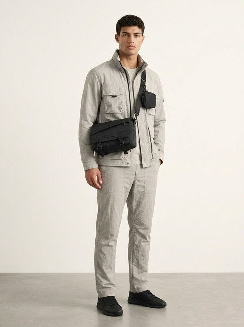 Men's Black Crossbody Messenger Bag with Detachable Pouch