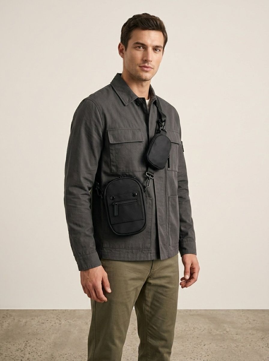 Compact Black Crossbody Bag with Detachable Pouch