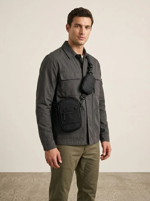 Compact Black Crossbody Bag with Detachable Pouch