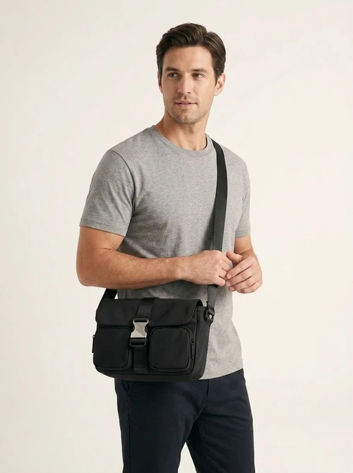 Black Utility Crossbody Bag with Buckle & Pockets for Men