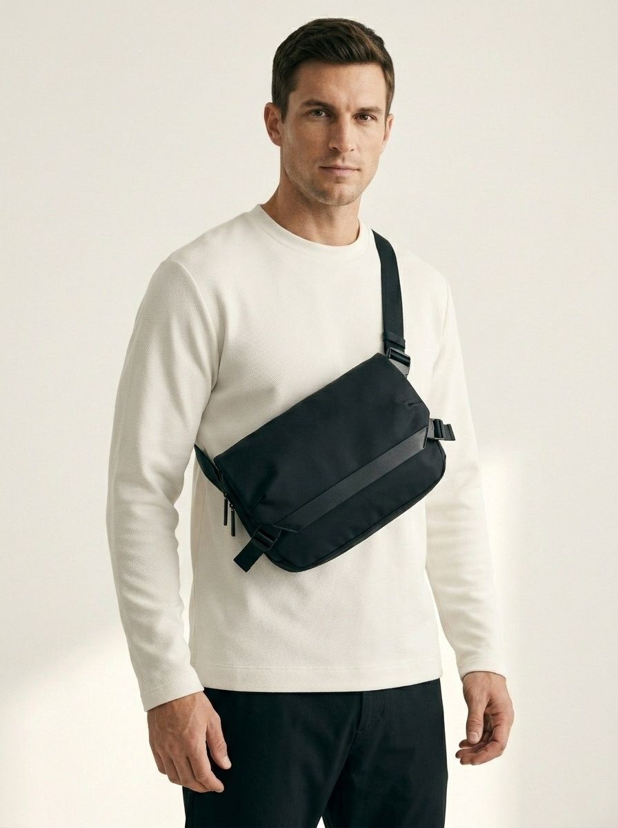 Sleek Black Messenger Bag - Modern Crossbody for Men