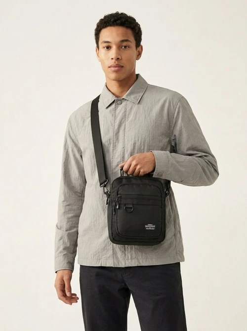 Men's Black Nylon Crossbody Bag with Top Handle