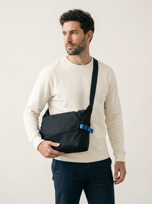 Modern Black Crossbody Messenger Bag with Blue Accents
