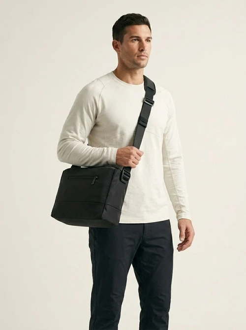 Men's Black Nylon Crossbody Bag with Chain Detail