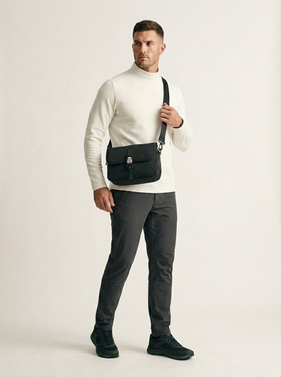 Men's Black Messenger Bag - Durable Crossbody Flap Bag