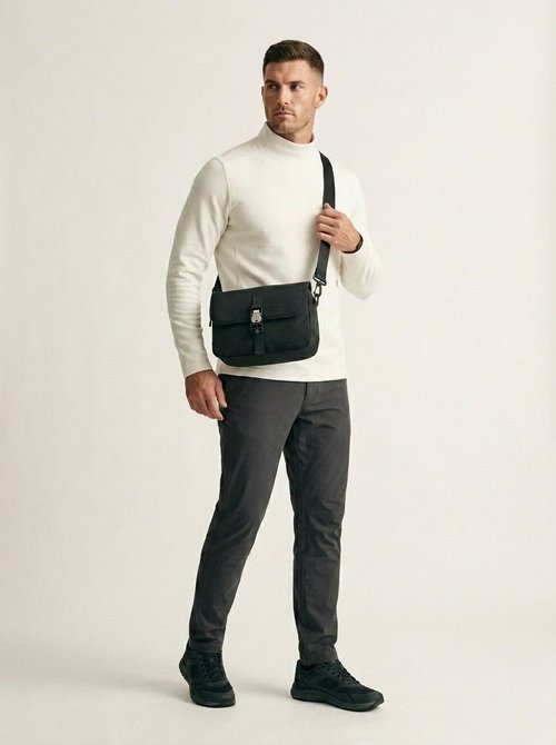 Men's Black Messenger Bag - Durable Crossbody Flap Bag
