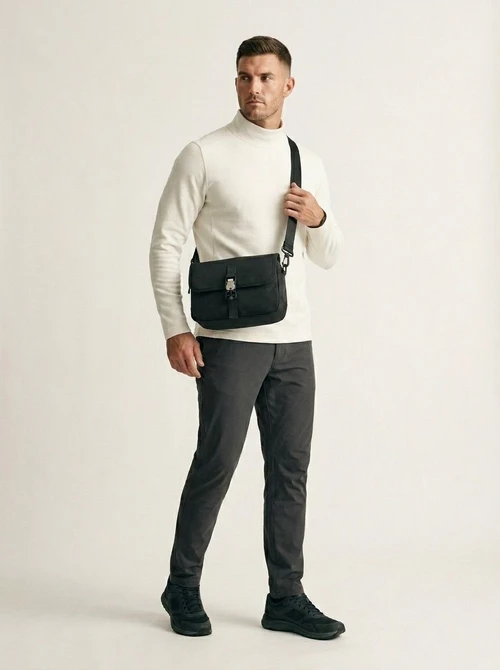 Men's Black Messenger Bag - Durable Crossbody Flap Bag