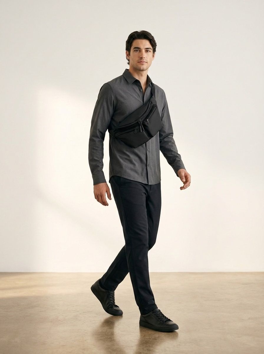 Men's Black Multi-Pocket Sling Bag - Casual Fanny Pack