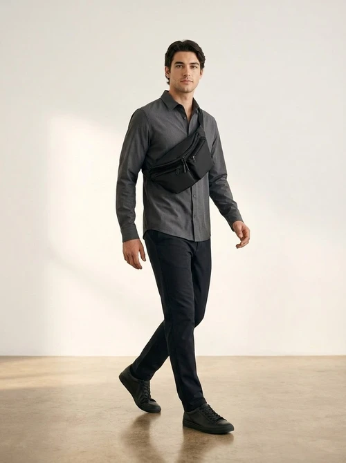 Men's Black Multi-Pocket Sling Bag - Casual Fanny Pack