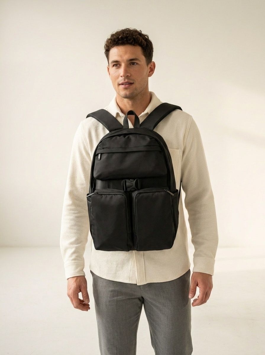 Modern Matte Black Utility Backpack - Multi-Pocket Design