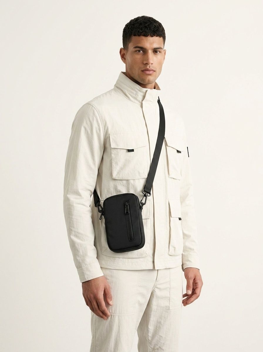 Men's Minimalist Black Crossbody Phone Bag