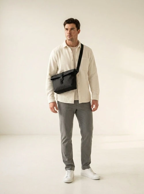 Urban Black Roll-Top Messenger Bag - Tech & Travel Ready