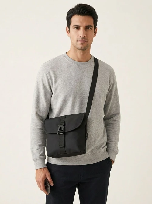 Men's Compact Black Crossbody Bag with Buckle Closure