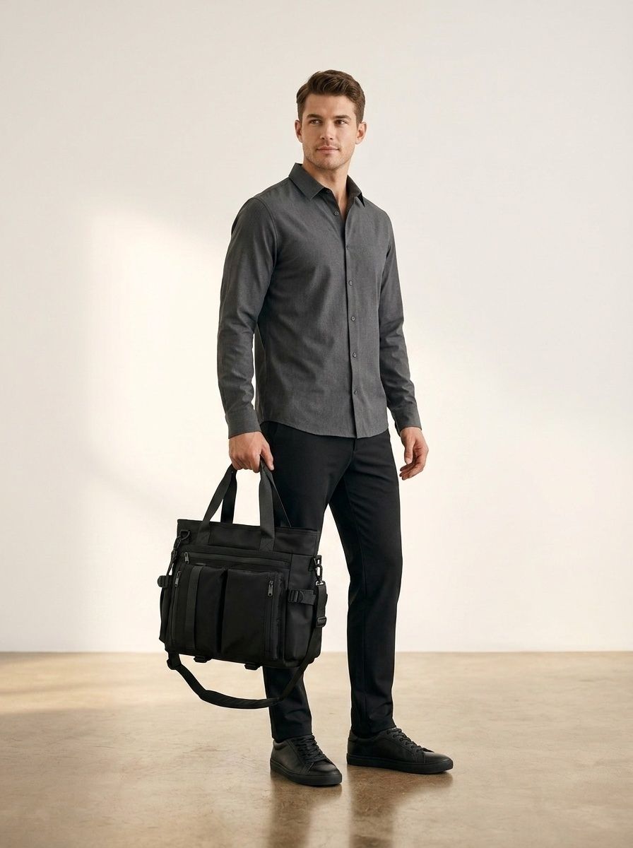 Men's Black Multi-Pocket Utility Tote Bag