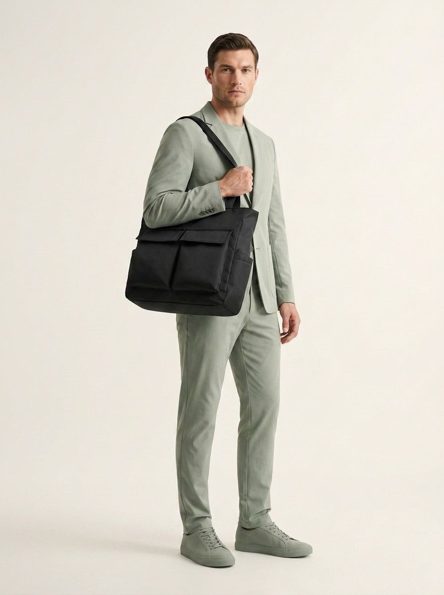 Versatile Black Nylon Tote Bag with Multiple Pockets