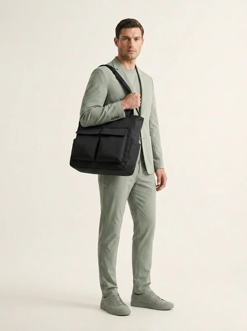 Versatile Black Nylon Tote Bag with Multiple Pockets