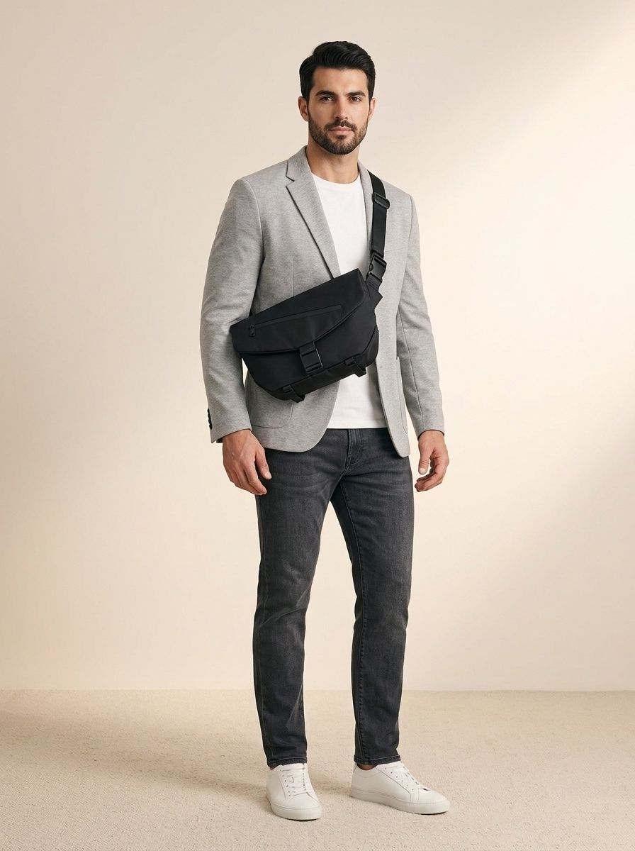 Sleek Black Messenger Bag - Modern Crossbody Design