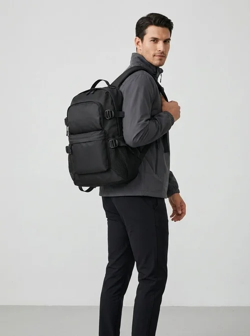 Black Casual Backpack for Men & Women - Multi-Pocket Design