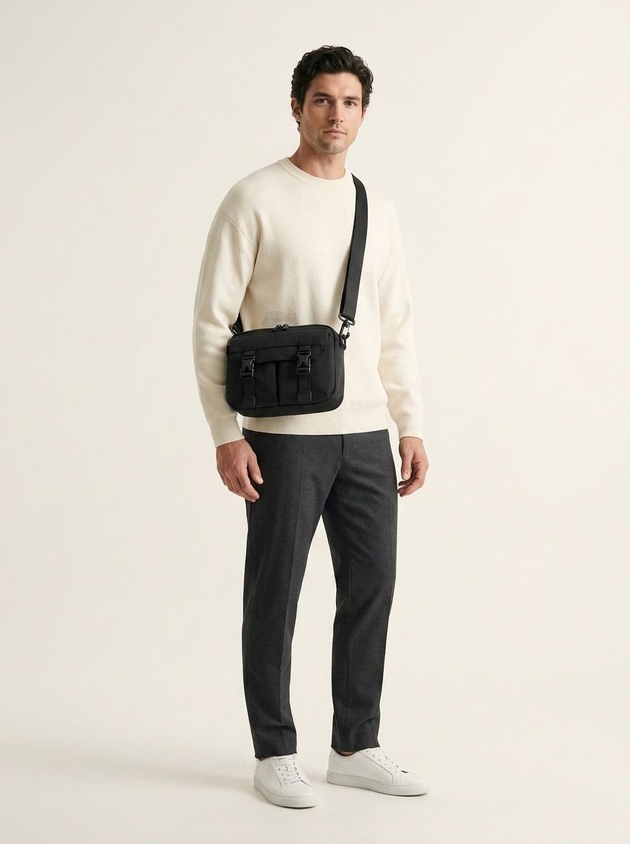 Men's Black Utility Crossbody Bag with Buckle Pockets