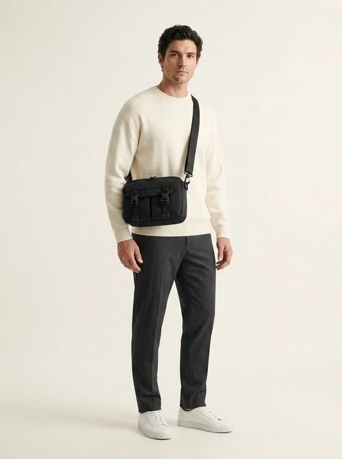 Men's Black Utility Crossbody Bag with Buckle Pockets