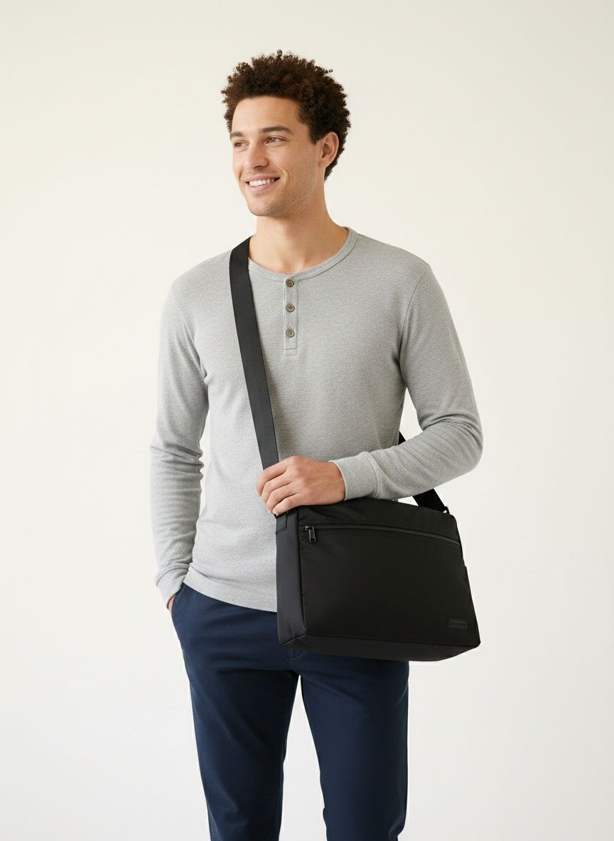 Men's Black Nylon Messenger Bag - Laptop & Travel