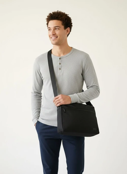 Men's Black Nylon Messenger Bag - Laptop & Travel