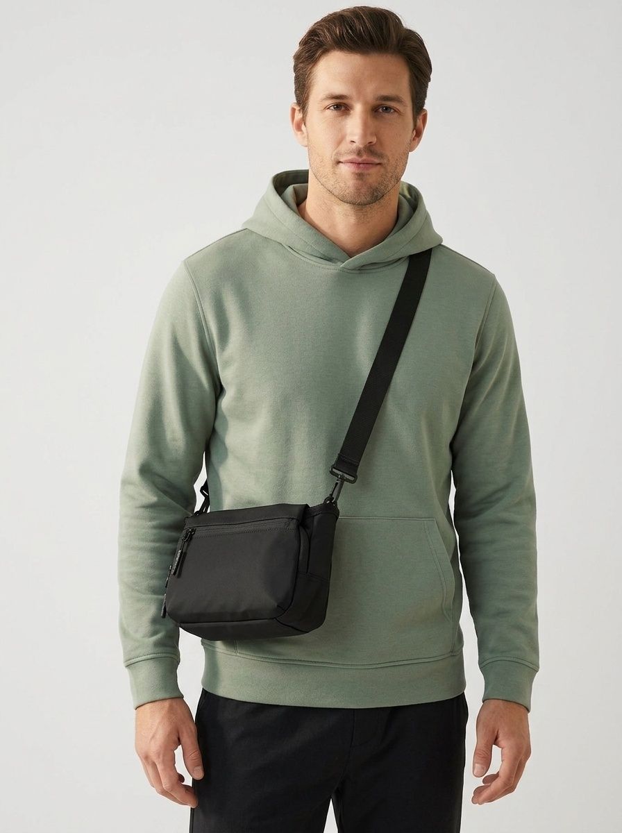 Men's Black Nylon Crossbody Bag - Compact Shoulder Pouch