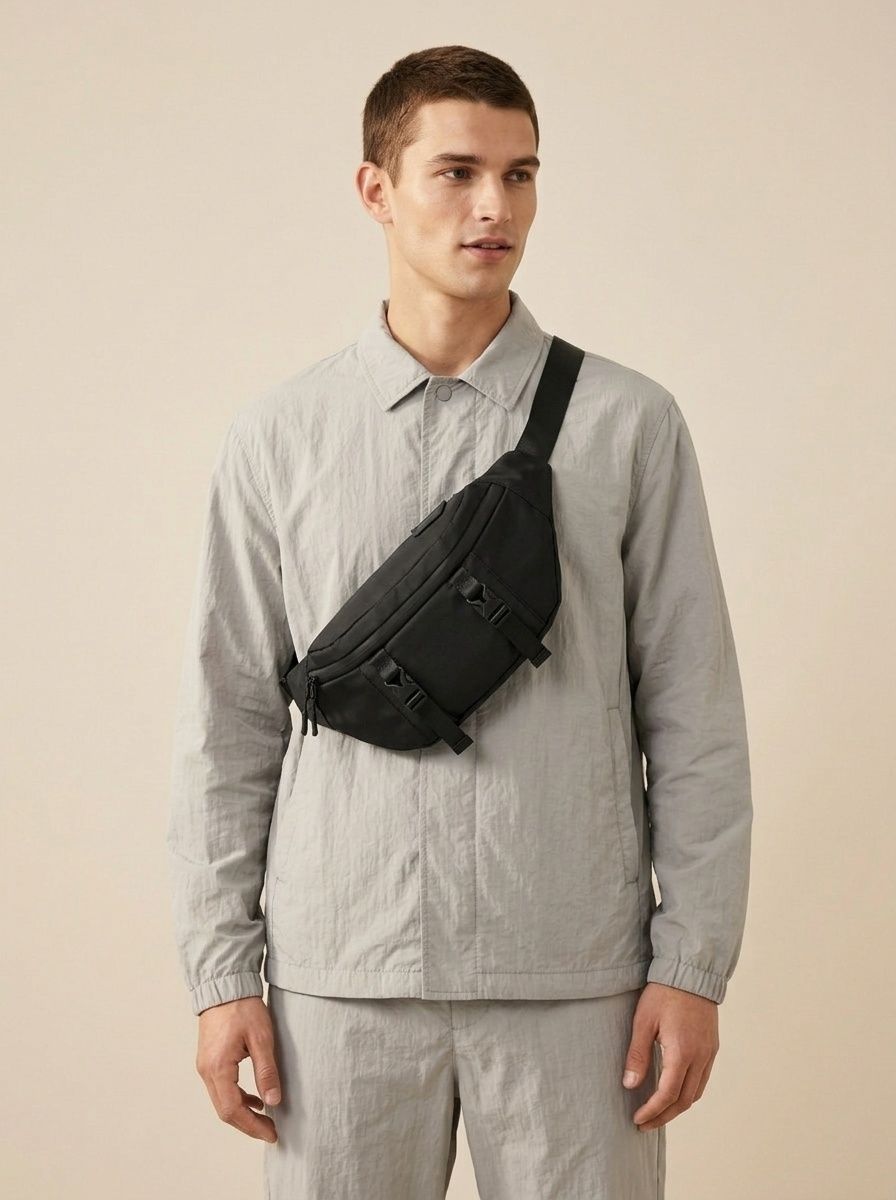 Men's Black Waterproof Sling Bag - Travel Waist Pack
