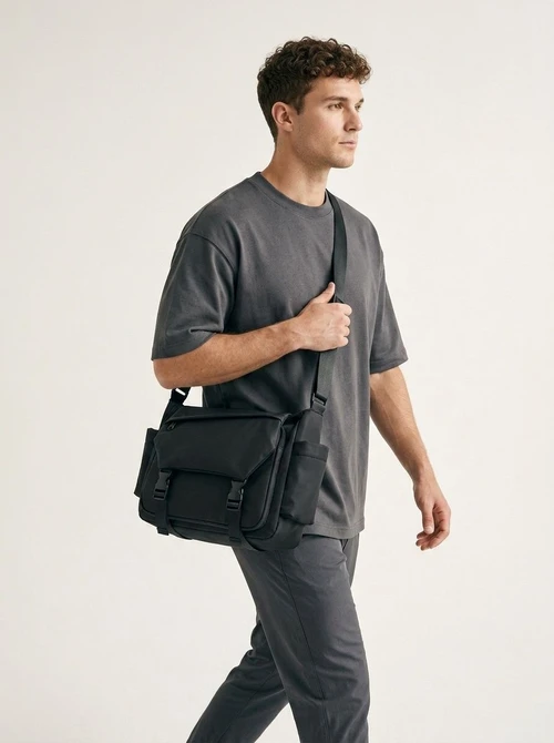 Men's Black Messenger Bag - Casual Crossbody Shoulder Bag
