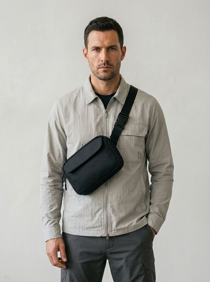 Men's Matte Black Crossbody Bag with Flap Closure