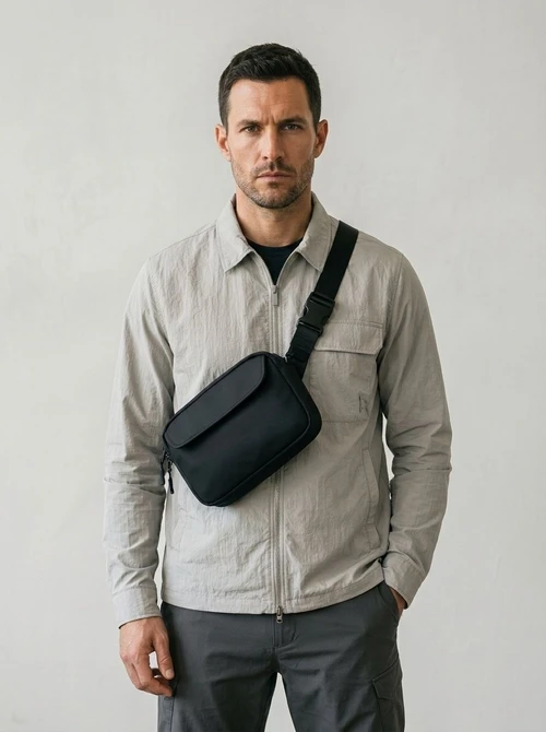 Men's Matte Black Crossbody Bag with Flap Closure